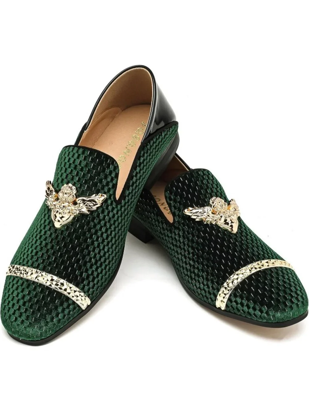 FQEQNQG Men's Green Velvet Loafers Metal Buckle Shiny Slip On Classic Shoes